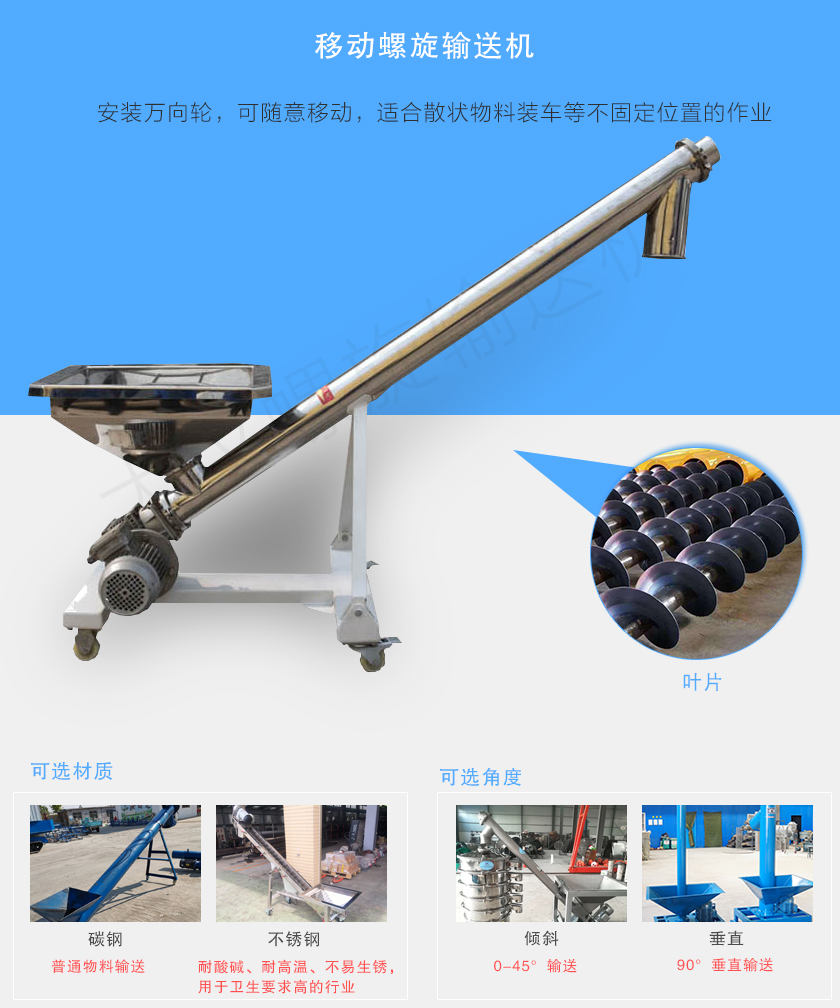 移動螺旋輸送機(jī)主要安裝有行走輪，可隨意移動，人工即可推動出入倉庫，主要用于裝卸地方變動的場合